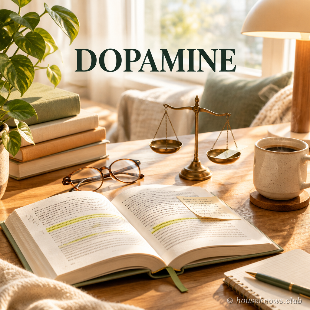 Dopamine craving explained as a gentle return to balance, like a book that makes one more spin feel understandable
