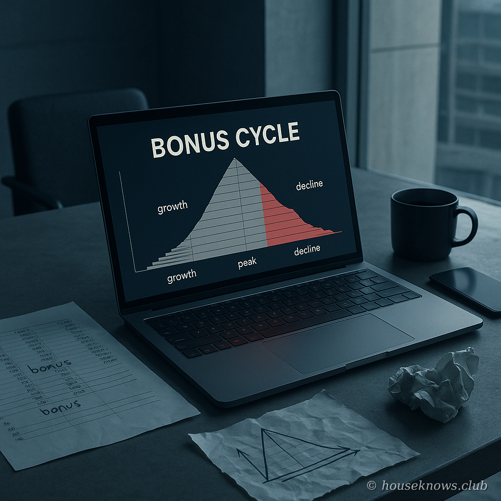 Bonus cycle made visible as measured gaps between bonuses tighten, cluster, then stretch into a long decline