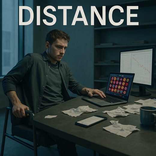 Distance turns gambling into numbers, showing how emotion compresses loss until the bankroll breaks